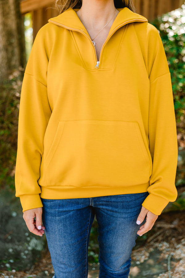 Chic Soul plus size clothing, bright yellow quarter zip pullover with front pocket