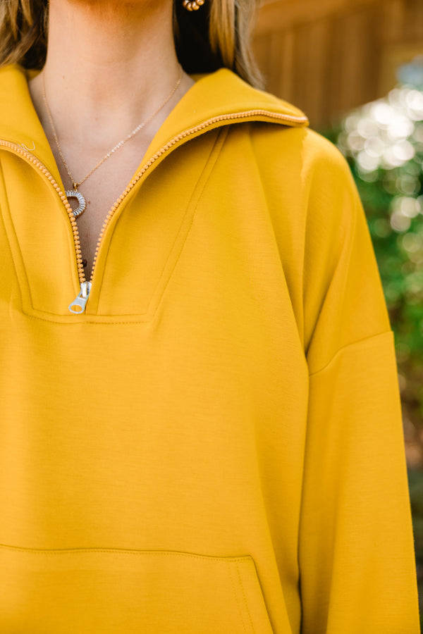 Chic Soul plus size clothing, bright yellow quarter zip pullover with front pocket