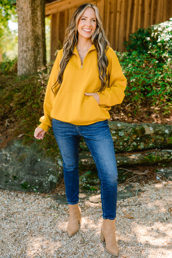 Chic Soul plus size clothing, bright yellow quarter zip pullover with front pocket