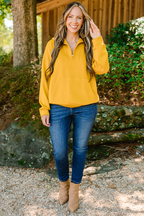 Chic Soul plus size clothing, bright yellow quarter zip pullover with front pocket
