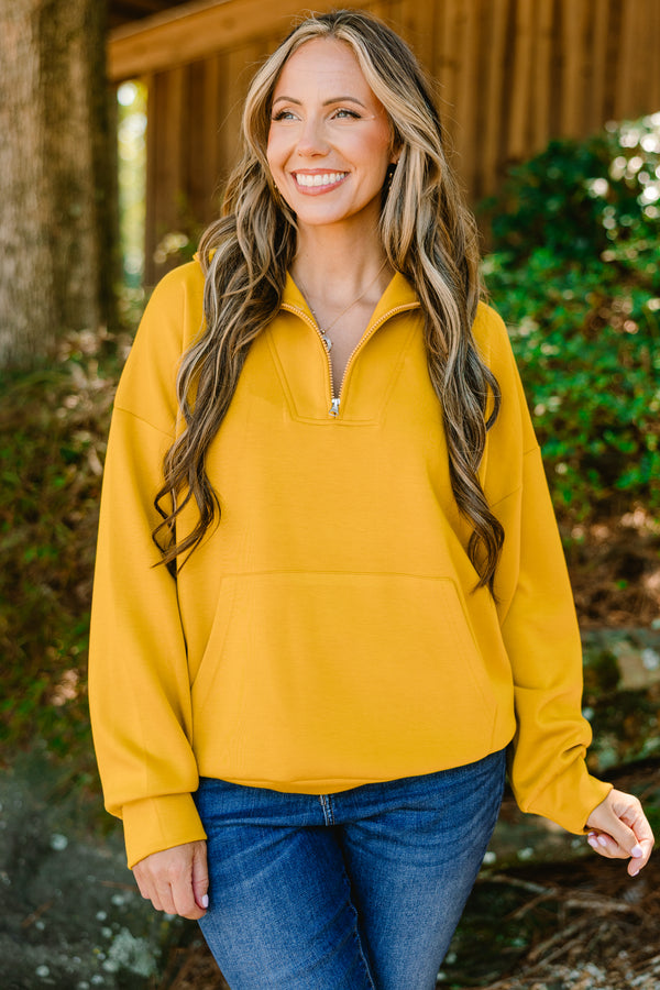 Chic Soul plus size clothing, bright yellow quarter zip pullover with front pocket