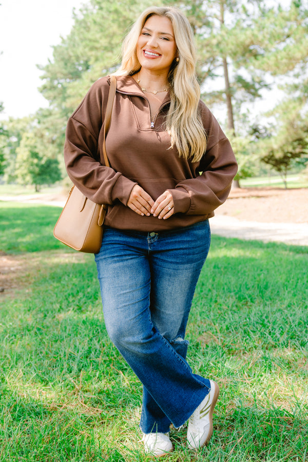 Chic Soul plus size clothing, brown 1/4 zip pullover with collar and front pocket