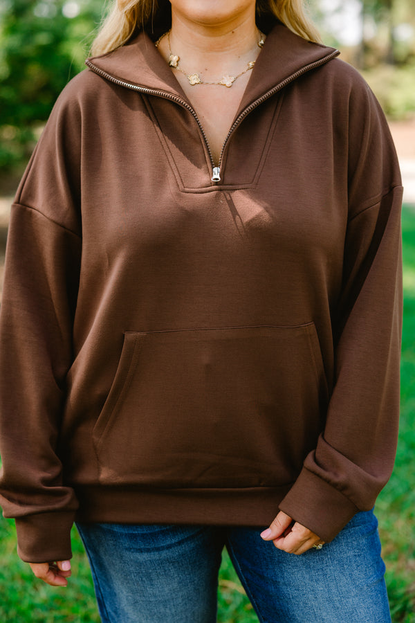 Chic Soul plus size clothing, brown 1/4 zip pullover with collar and front pocket