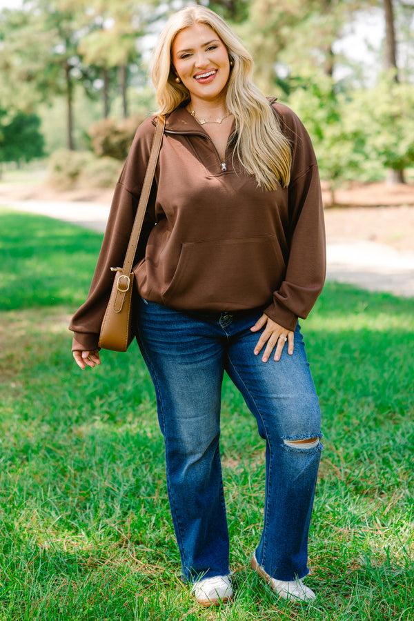 Chic Soul plus size clothing, brown 1/4 zip pullover with collar and front pocket