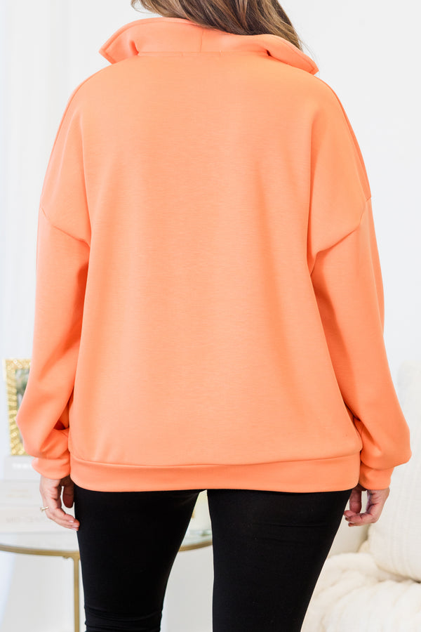 Chic Soul plus size clothing, long-sleeve coral orange quarter-zip collared pullover with kangaroo pockets