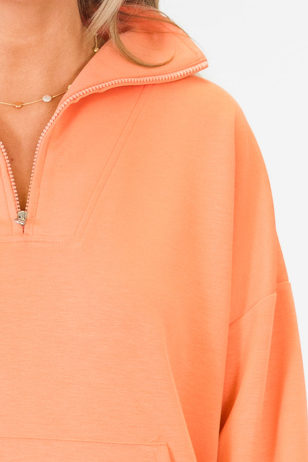Chic Soul plus size clothing, long-sleeve coral orange quarter-zip collared pullover with kangaroo pockets