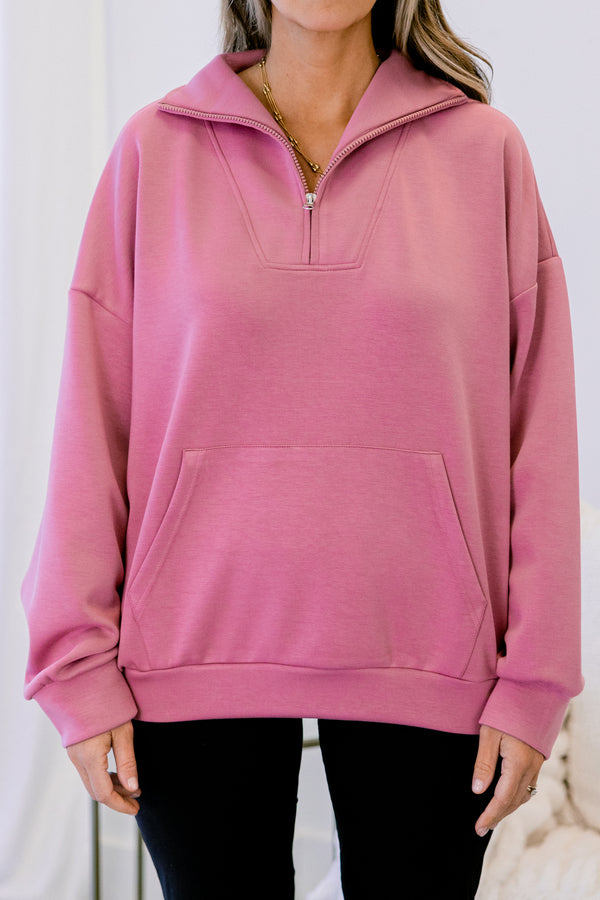 Chic Soul plus size clothing, pink quarter zip sporty pullover with front lower pocket