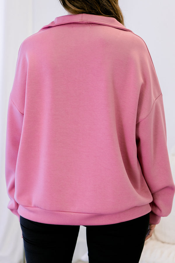 Chic Soul plus size clothing, pink quarter zip sporty pullover with front lower pocket
