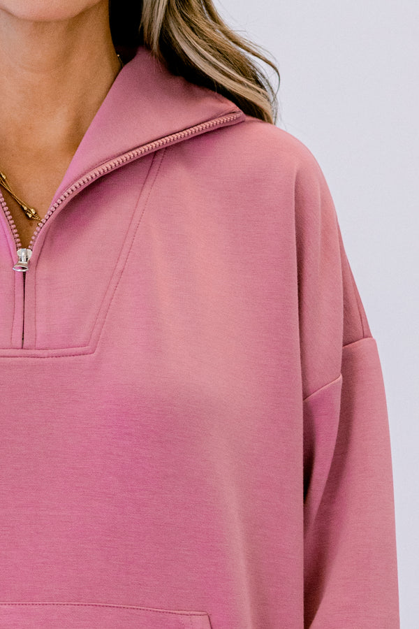 Chic Soul plus size clothing, pink quarter zip sporty pullover with front lower pocket