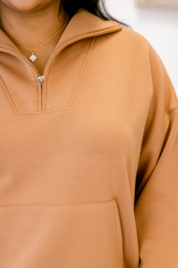 Chic Soul plus size clothing, tan quarter zip sporty pullover with front lower pocket
