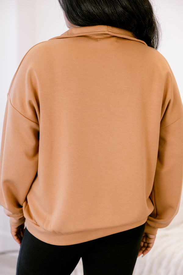 Chic Soul plus size clothing, tan quarter zip sporty pullover with front lower pocket