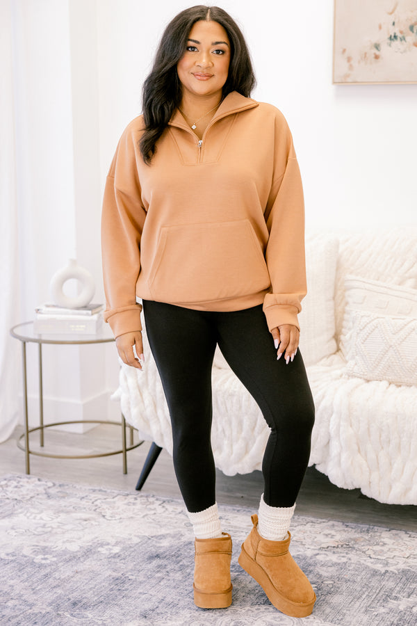 Chic Soul plus size clothing, tan quarter zip sporty pullover with front lower pocket