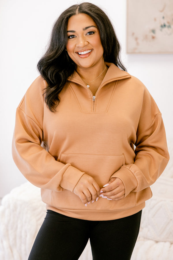 Chic Soul plus size clothing, tan quarter zip sporty pullover with front lower pocket