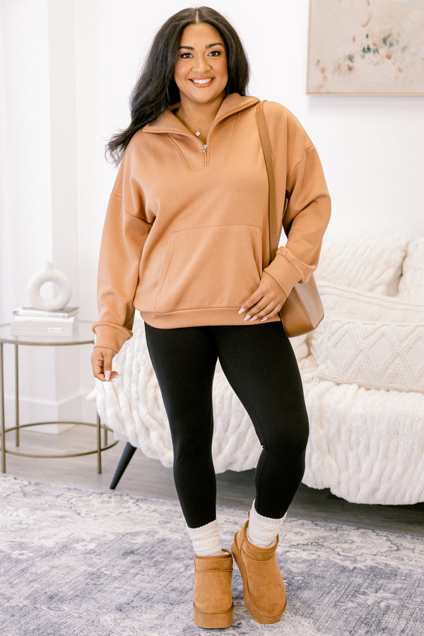 Chic Soul plus size clothing, tan quarter zip sporty pullover with front lower pocket