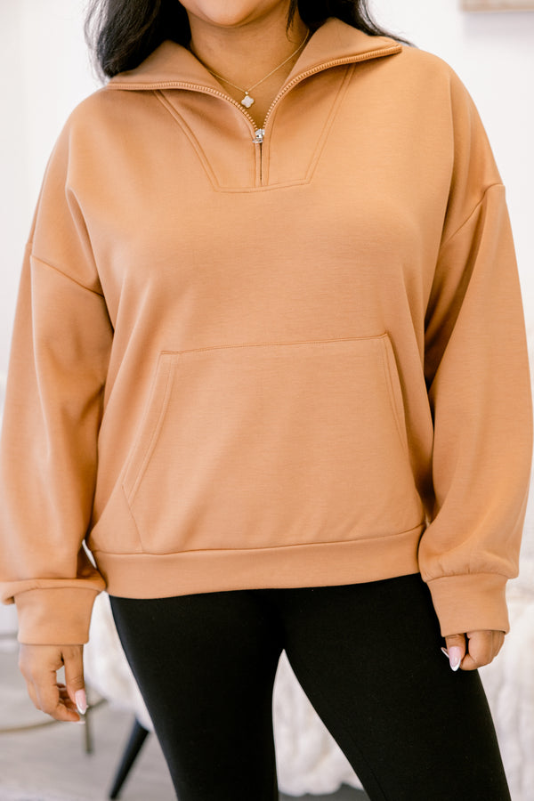 Chic Soul plus size clothing, tan quarter zip sporty pullover with front lower pocket