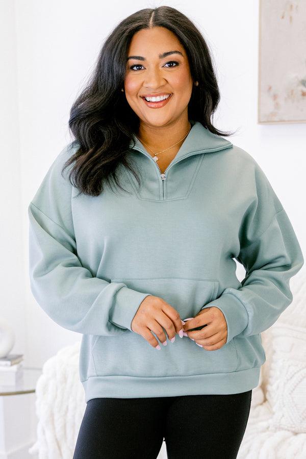 Chic Soul plus size clothing, light teal quarter zip long sleeve pullover
