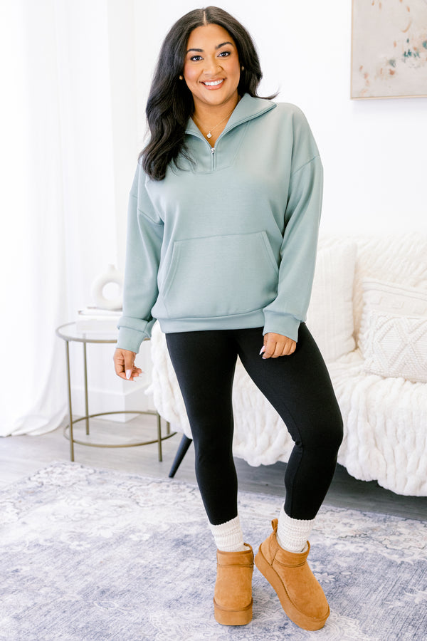 Chic Soul plus size clothing, light teal quarter zip long sleeve pullover