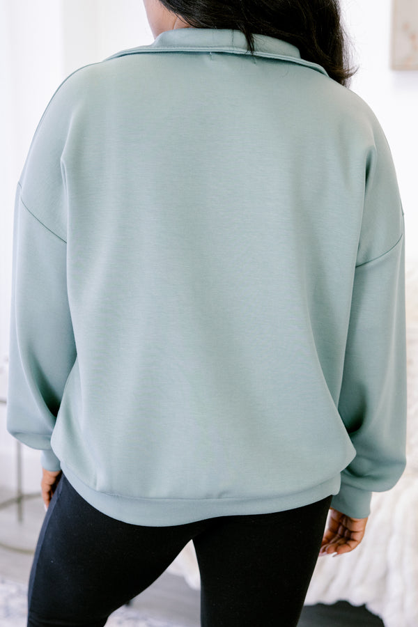 Chic Soul plus size clothing, light teal quarter zip long sleeve pullover