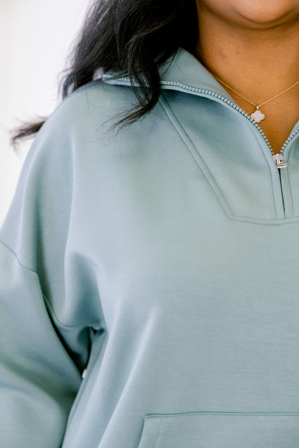 Chic Soul plus size clothing, light teal quarter zip long sleeve pullover