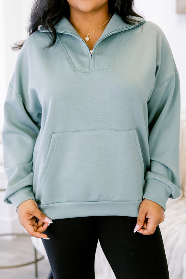 Chic Soul plus size clothing, light teal quarter zip long sleeve pullover