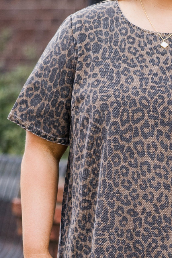 Chic Soul plus size clothing, washed brown short sleeve leopard print mini dress with ruffle along the bottom with round neckline
