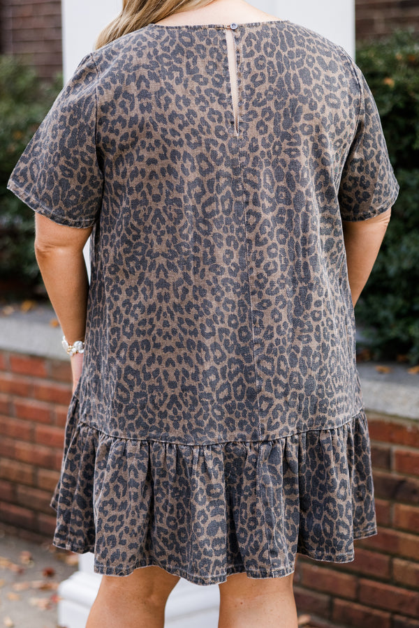 Chic Soul plus size clothing, washed brown short sleeve leopard print mini dress with ruffle along the bottom with round neckline