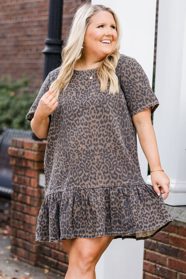 Chic Soul plus size clothing, washed brown short sleeve leopard print mini dress with ruffle along the bottom with round neckline
