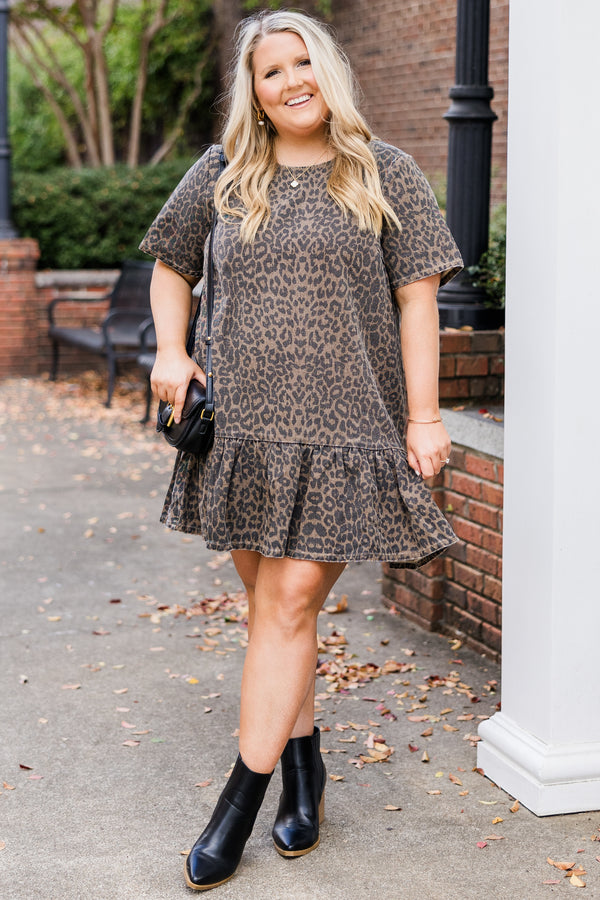 Chic Soul plus size clothing, washed brown short sleeve leopard print mini dress with ruffle along the bottom with round neckline