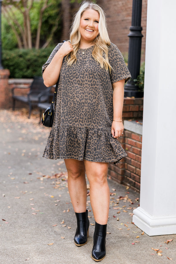Chic Soul plus size clothing, washed brown short sleeve leopard print mini dress with ruffle along the bottom with round neckline