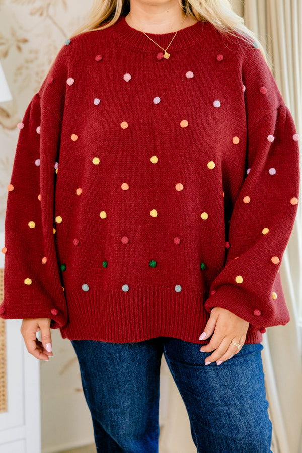 Chic Soul plus size clothing, red long sleeve oversized sweater with multi colored ball embellishments
