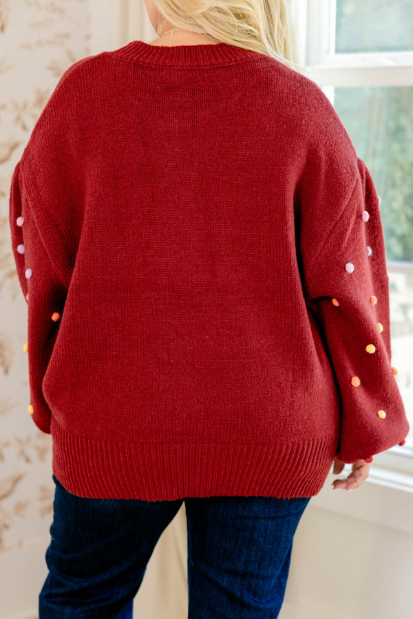 Chic Soul plus size clothing, red long sleeve oversized sweater with multi colored ball embellishments
