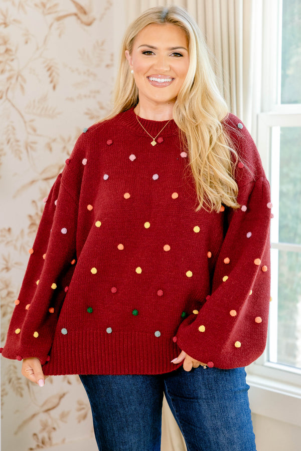 Chic Soul plus size clothing, red long sleeve oversized sweater with multi colored ball embellishments
