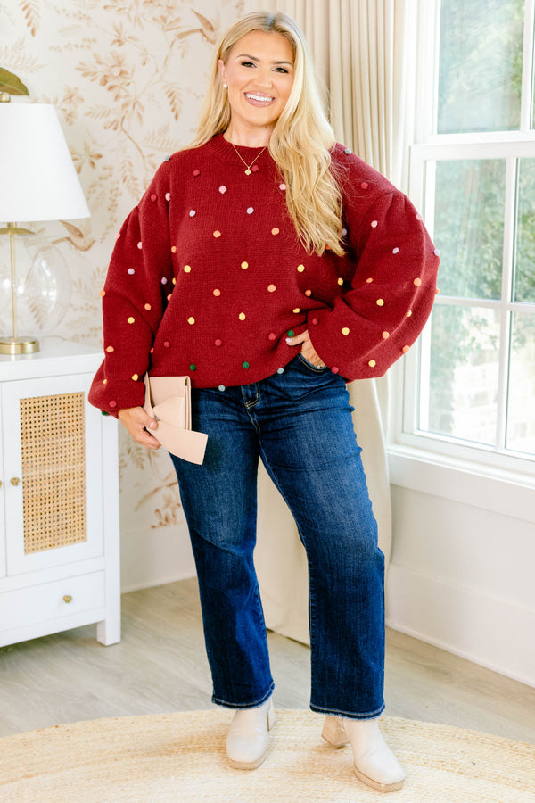 Chic Soul plus size clothing, red long sleeve oversized sweater with multi colored ball embellishments
