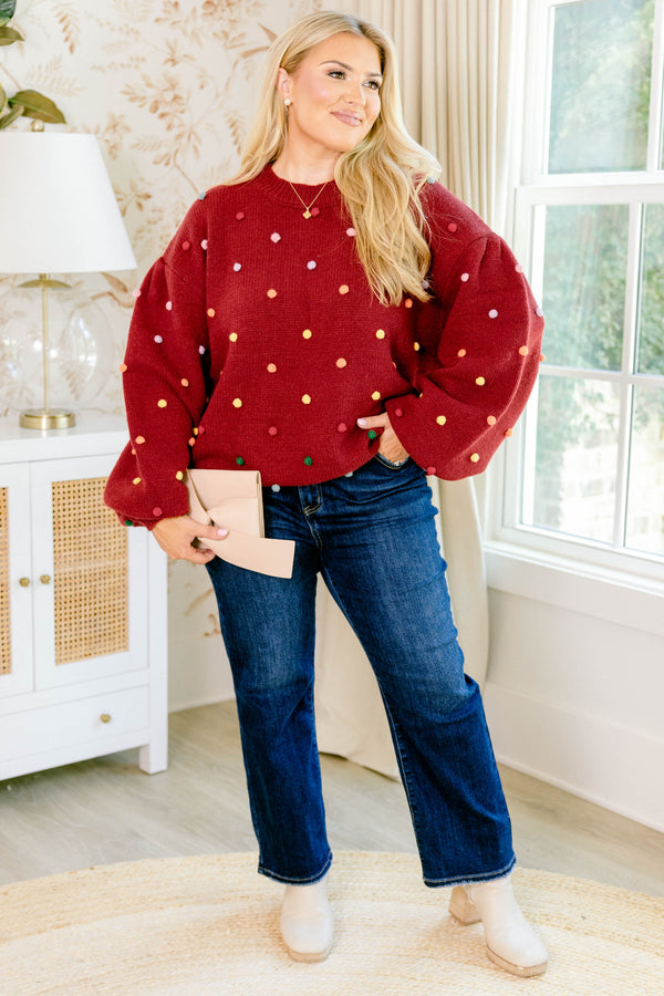 Chic Soul plus size clothing, red long sleeve oversized sweater with multi colored ball embellishments
