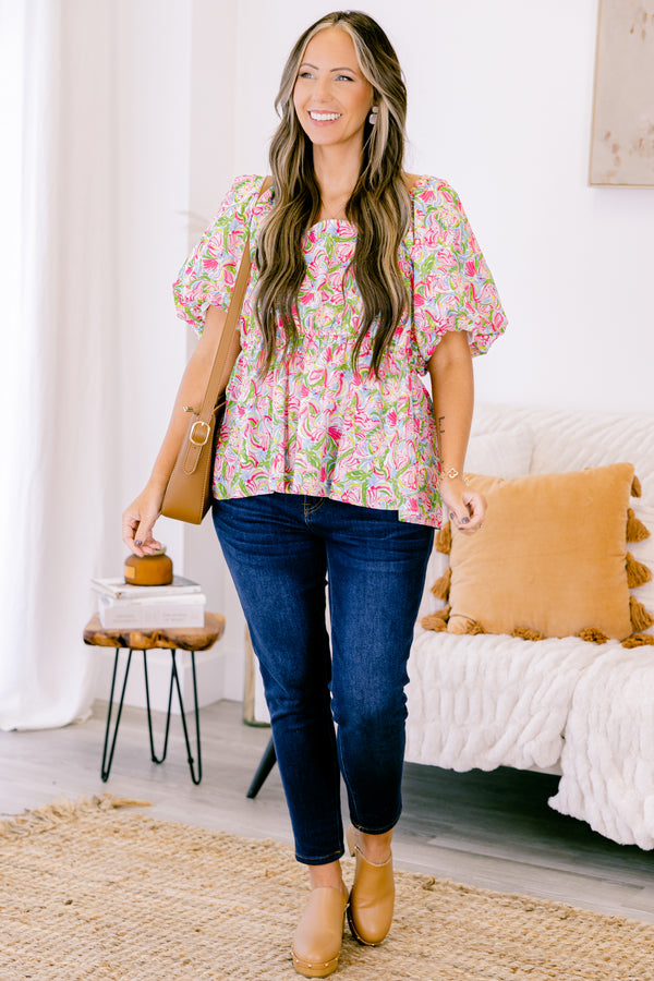 Chic Soul plus size clothing, short-puffed-sleeve pink abstract baby doll top with a square-neckline