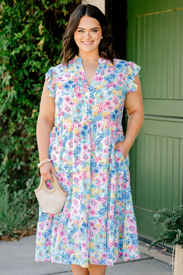 Women's Springtime Splendor Midi Dress, Blue | Size: 3X By Chic Soul Women's Springtime Splendor Midi Dress, Blue | Size: 3X By Chic Soul