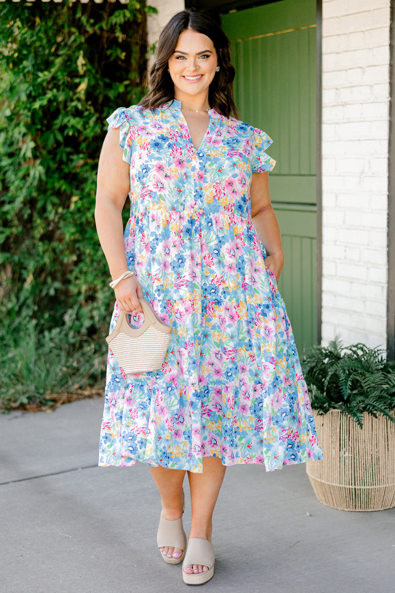 Women's Springtime Splendor Midi Dress, Blue | Size: 2X by Chic Soul Women's Springtime Splendor Midi Dress, Blue | Size: 2X by Chic Soul