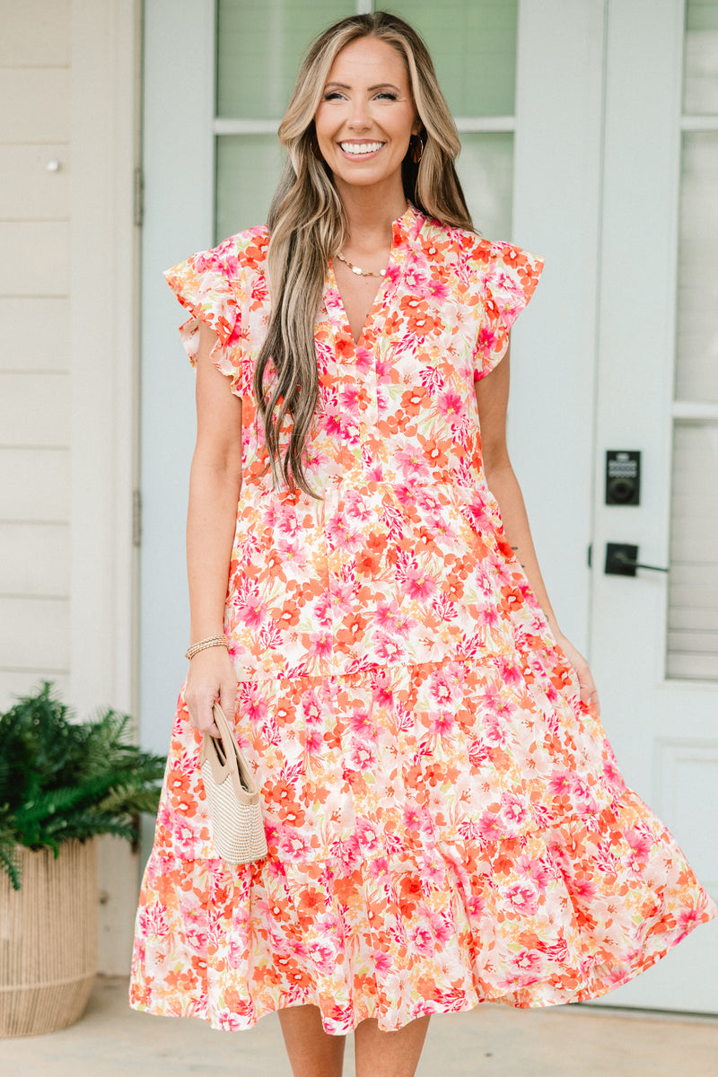 open lace back dress Orange Border Print Fit and Flare Knee Length Dress main image 1