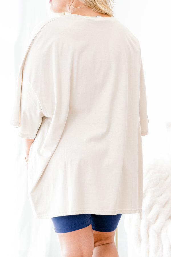 Chic Soul plus size clothing, dust colored short sleeve graphic tee with the word 