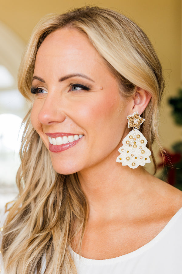 Chic Soul plus size clothing, white beaded dangle earrings with christmas tree with gold detailing