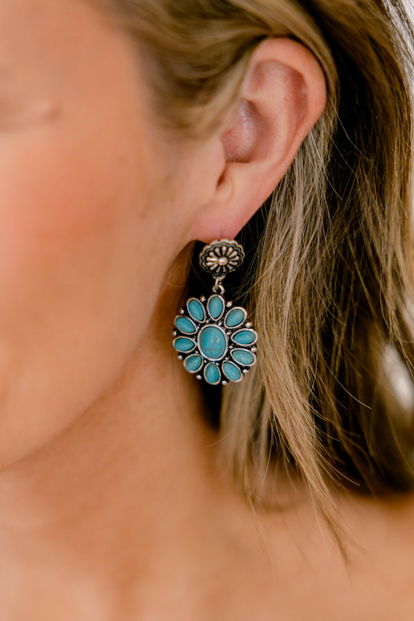 Chic Soul plus size clothing, silver and turquoise floral statement earrings