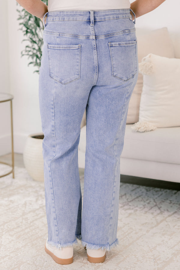 Chic Soul plus size clothing, light wash straight leg jeans with frayed hem