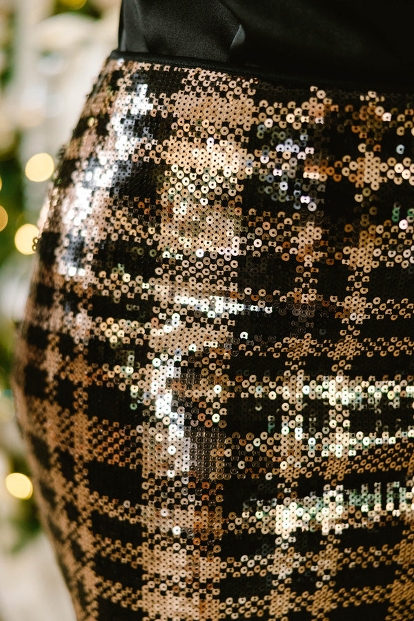 Chic Soul plus size clothing, mini skirt sequin glitter gold and black horizontal and vertical lines holiday festive