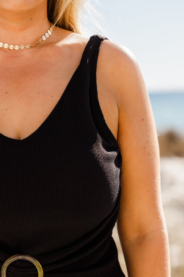 Chic Soul plus size clothing, sleeveless black one-piece swimsuit with a v-neckline and a gold belt buckle in the middle 