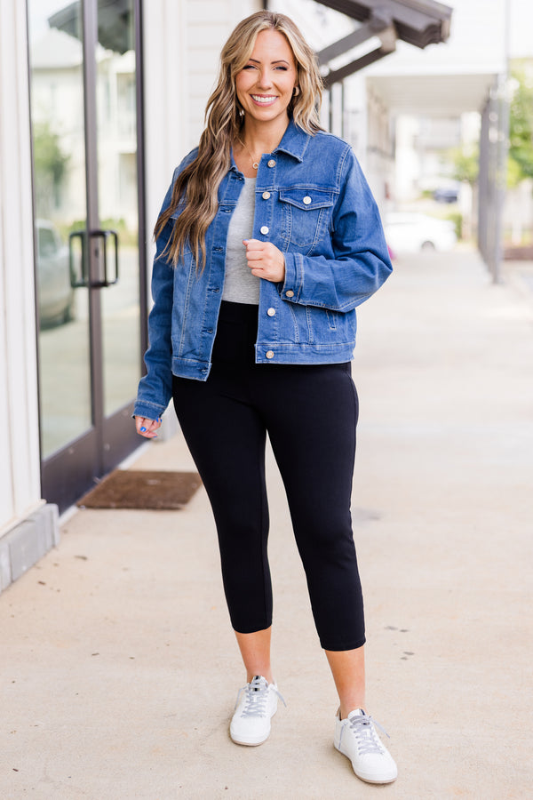 Chic Soul plus size clothing, long-sleeve blue denim jacket with collar and silver button detailing 