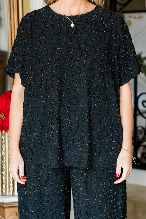 Chic Soul plus size clothing, short-sleeve black top with high-scoop-neckline and gold sequined abstract pattern across top
