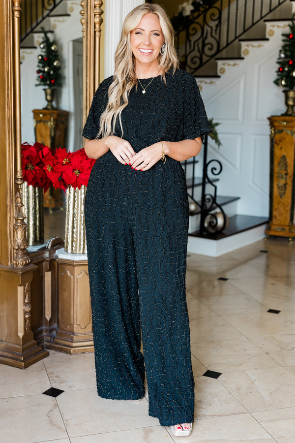 Chic Soul plus size clothing, short-sleeve black top with high-scoop-neckline and gold sequined abstract pattern across top