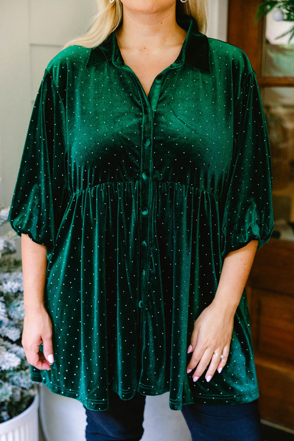 Chic Soul plus size clothing, green and gold polka dot velour mid sleeve button down baby doll tunic