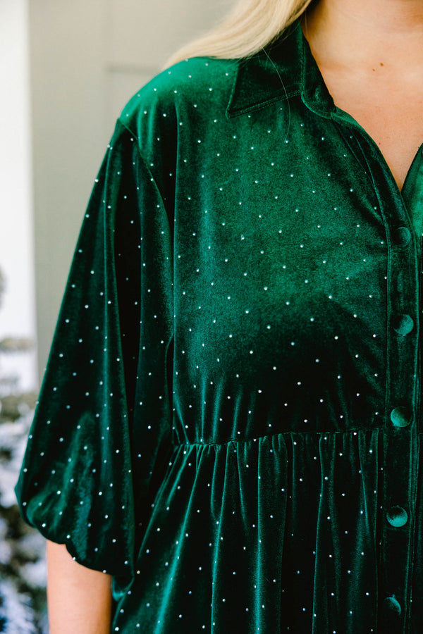 Chic Soul plus size clothing, green and gold polka dot velour mid sleeve button down baby doll tunic