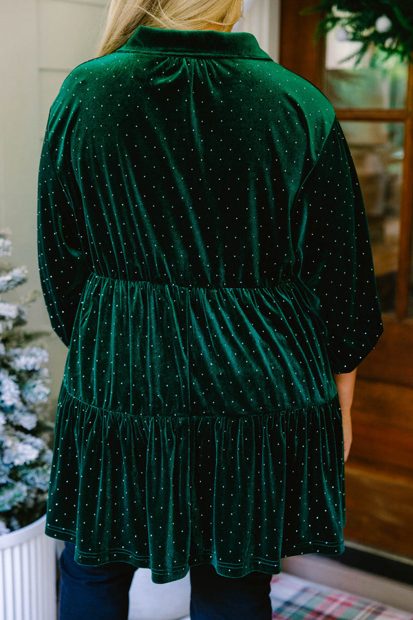 Chic Soul plus size clothing, green and gold polka dot velour mid sleeve button down baby doll tunic